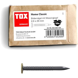 TOX Home Classic M 063600100 Picture Nail Made of Hardened Steel with Brass Head in Recyclable Paper Packaging, Size 2.0 x 20 mm, Steel Nails for Pictures for Almost All Building Materials, Pack of 20