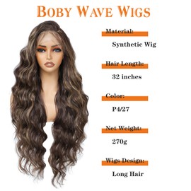 Yacurcur 13x6 Lace Frontal Wig Long Boby Wave Wigs Pre-Plucked Hairline with Baby Hair Transparent Lace Heat Friendly Synthetic Lace Front Wavy Wigs for Women Christmas Gift 32 Inch (4/27)