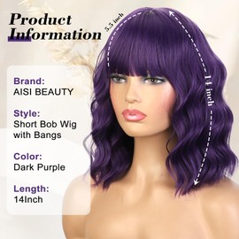 AISI BEAUTY Dark Purple Bob Wig with Bangs 14 Inch Short Wavy Bob Wigs for Women Synthetic Colorful Wigs for Cosplay Costume
