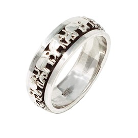 TreasureBay 7mm Solid 925 Sterling Silver Ring, Finger Ring, Elephant Design Spinning Stress Relief Ring (W)