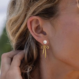 STAYLOVE Small Gold Bow Ribbon Pearl Earrings for Women Trendy 925 Sterling Silver Post lightweight 14k Real Gold Plated Bow Drop Dangle Earrings for Women