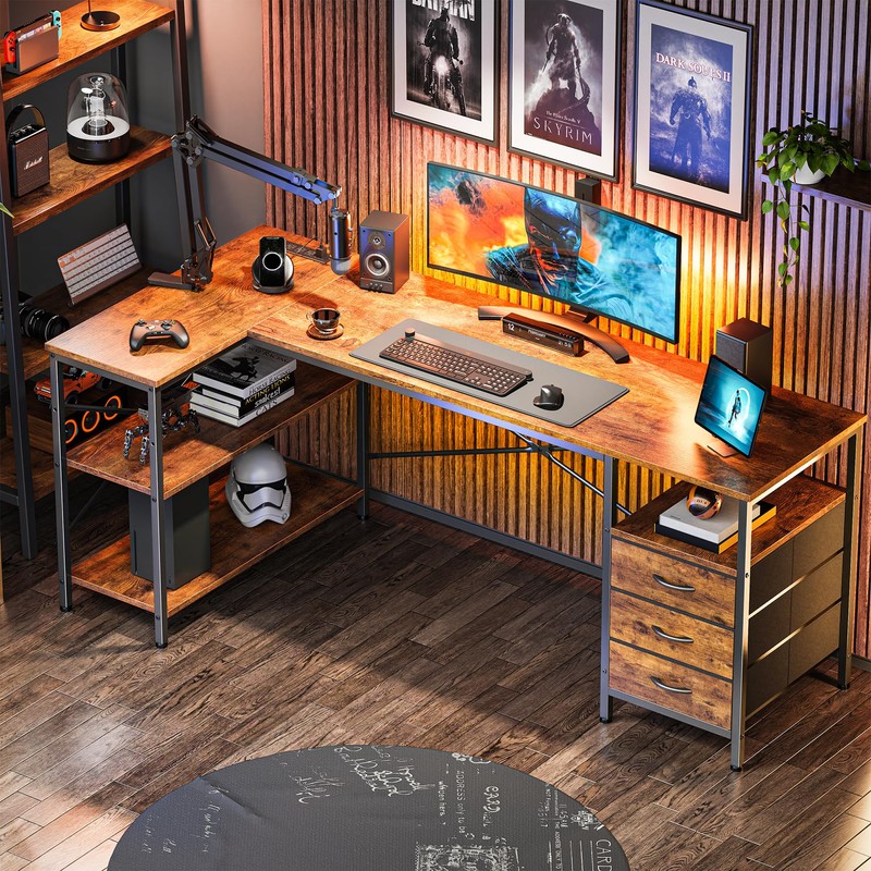 Huuger L Shaped Desk with Power Outlets, 63 Inch Reversible