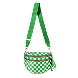 KAMEILONG Checkered Nylon Crossbody Bags for Women Plaid Crescent Waist Bag Crescent Fanny Pack Shoulder Bag Handbags (White-Green)