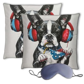 Tudguiloae Throw Pillow Covers Set of 2 with Silk Eye Mask, Patterned Cushion Sofa Pillow Covers for Living Room and Bedroom Decor, 18x18 No Filler, Home Goods for Girls(Bulldog Music)