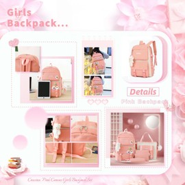 Cnwinu Girls Backpack for School,Girls School Bag Set,Girls Rucksack,Cute Backpack,Tote Bag,Pen Bag,Crossbody Bag,Kids Backpack,Kawaii Backpack,Casual Daily Backpack,Canvas Backpack (Pink)