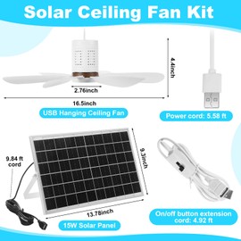 Kittmip 1 Set Portable Solar Ceiling Fan Kit 15w Monocrystalline Solar Panel USB Hanging Ceiling Fan with On/Off Button for Patio Camping Tent Chicken Coop Greenhouse Shed