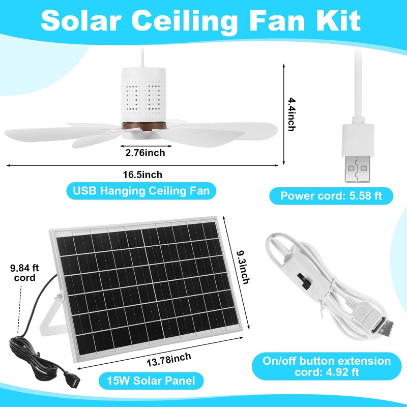 Kittmip 1 Set Portable Solar Ceiling Fan Kit 15w Monocrystalline