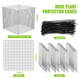 Zubebe 14 Pack Small Wire Plant Protectors Square Plant Protectors from Animals Mesh Cage Chicken Wire Cloche for Shrubs and Vegetables with Ground Stakes and Nylon Ties (12 x 12 Inch)