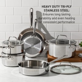 T-Fal Pro Tri-Ply Stainless Steel Fry Pan, 8 Inch, Induction Compatible, Oven Safe 500°F, Fast & Even Heat, Professional Quality & Durability, Frying Pan, Skillet, Cookware, Silver