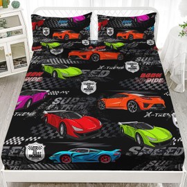 AILONEN Sport Car Fitted Sheet for Kids Boys Full Size, Racing Flag Black White Bedding Set for All Season,Race Sports Car Bed Sheet Set,1 Fitted Sheet 2 Pillowcases,3 PCS