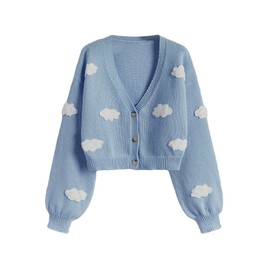 SHENHE Women's Cloud Print Button Down Sweaters V Neck Long Sleeve Crop Cardigan Top Light Blue Large