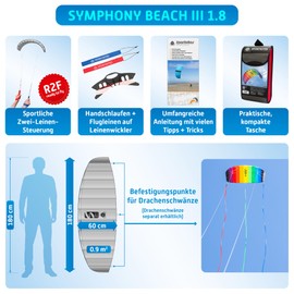 HQ Symphony Beach III 1.8 Chillin Steering Mat for Children and Adults, 60 x 180 cm, Includes 80 kp Blendlines, 2 x 25 m on Winder with Loops, Kites from 12 Years