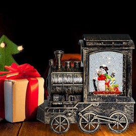 DRomance Music Snow Globe Train Lantern with Music and Timer, Battery Operated and USB Cable Snowman Lighted Snow Globe Spinning Water Glitter (Bronze, USB Included)