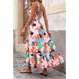 PRETTYGARDEN Women's Summer Floral Maxi Dress Sleeveless Smocked Ruffle Long Flowy Beach Vacation Boho Sundresses (Floral Orange Pink,Large)