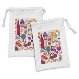 Lunarable London Fabric Pouch Set of 2, Colorful Britishs Drawing Style Big Ben Flag London Eye Ferris Wheel Print, Small Drawstring Bag for Toiletries Masks and Favors, 9" x 6", Multicolor