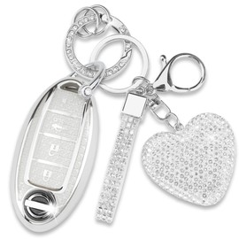 Simocky Key Fob Cover with Diamond Keychain for Nissan Car Key Shell Compatible with Nissan Altima Rogue Sentra Pathfinder Frontier Maxima Titan Murano Kicks Juke Versa Armada (4 Buttons-Silver Heart)