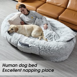 YAEM Human Dog Bed Fits You and Pets for People Doze Off, Washable Faux Fur Napping Orthopedic Dog Bed, Present Plump Pillow, Blanket, Strap-Grey, 71"x45"x12"