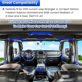 23PCS Full Set Interior Decoration Trim Kit for Jeep Wrangler JL JLU Gladiator JT 2018-2023 Steering Wheel Door Handle Air Conditioning Vent Cup Holder Reading Light Headlight Switch Gear Cover (Blue)