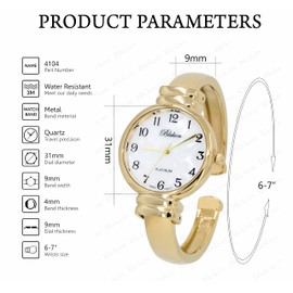 Blekon Original Mother of Pearl Cuff Bracelet Watch for Women with 31mm case Japanese Quartz Movement Metal hinged Bangle Style Cuff Wrist Watch for Ladies… (Gold)