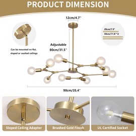 KCO Lighting Modern Sputnik Chandelier Brushed Brass Hanging Lamp Industrial Flush Mount Ceiling Light Fixture Adjustable Hanging Lamp for Living Room (Gold)