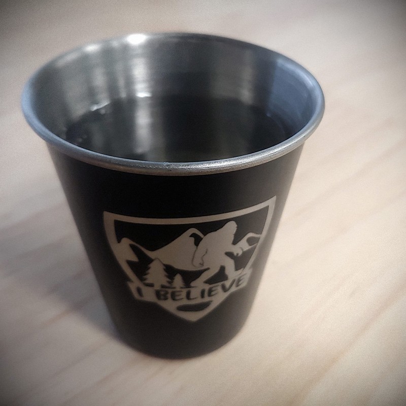 SQUATCH METALWORKS BELIEVE Bigfoot Shield Shot Glass - Stainless Steel