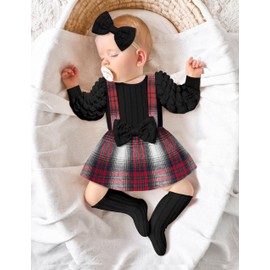 Queenstyle Baby Girl Clothes 3-6 Months Infant Baby Girls' Clothing 3-6 Months Baby Clothes for Girls Fall Winter Outfits Cute Puff Sleeve Romper Bow Red Plaid Dress with Socks