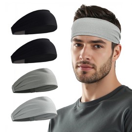 Sukeen Cooling Sports Headbands for Men 4 Pack: Instant Cooling Moisture Wicking Sweatbands Non-Slip, Quick-Dry Elastic Mens Headband for Gym Running Cycling Training Workout, Black/Dark Gray/Gray