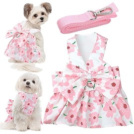 Juego de correa para vestido de perro con lazo y lazo para niñas pequeñas, ropa floral rosa para perros y gatos, trajes lindos para cachorros, vestidos transpirables para primavera y verano (Samll)