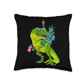 Dinosaur T Rex Statue of Liberty 4th Of July USA Flag Boys Throw Pillow