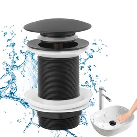 Xinlon Plug Sink Black, Universal Drain Fitting for Sink, Pop Up Drain Valve without Overflow for Sink and Washbasin, Brass Pop Up Drain Plug