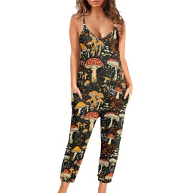 Hdjxbdhsv Mushroom Women's Summer Jumpsuits Loose Spaghetti Strap Baggy Rompers Casual Onesie Jumpers Overalls with Pockets