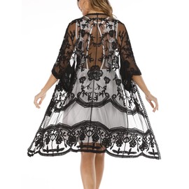 Cárdigan de encaje para mujer, diseño floral de ganchillo transparente para playa, kimono largo abierto, Negro-50, Talla única