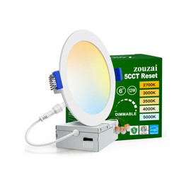 zouzai 1 Pack 6 Inch 5CCT Ultra-Thin LED Recessed Ceiling Light with Junction Box, 2700K/3000K/3500K/4000K/5000K Selectable, 12W Eqv 110W,Dimmable, led can Lights- ETL and Energy Star Certified