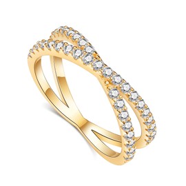 IMOLOVE Moissanite Wedding Band, Criss Cross Ring Wedding Bands for Women Yellow Gold Plated Sterling Silver Eternity Band Rings for Women Stackable Moissanite Eternity Band Rings for Women Size 9