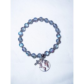 Cynthia Lynn"LIGHT of the WORLD" Stainless Steel Matter Aura Quartz Jesus Cross World Stretch Charm Bracelet (grey with white flash) (L (8 inches))