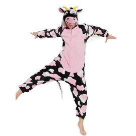 ACOGNA Cow Onesie Costume Kids Christmas Girls Novelty Strawberry Cow Pajamas Teen Suit, Pink, 8-9 Years