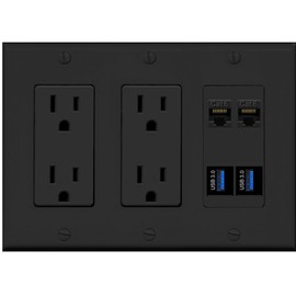 RiteAV 2 Port Cat6 2 USB3 Wall Plate 2 Outlet Black