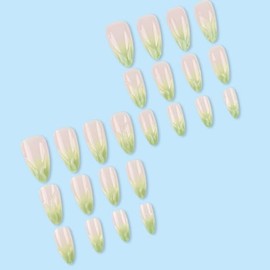 Hkanlre Uñas Postizas Verdes Almendradas, Cobertura Completa, Estilo Francés Medio, Con Degradado, Para Mujer, 24 Unidades