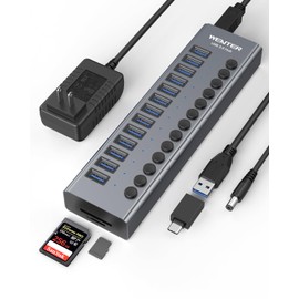 Powered USB 3.0 Hub, Wenter 13 Ports Powered USB Hub with SD/TF Card Reader, Aluminum USB Splitter with Individual On/Off Switches, 12V/3A 36W Power Adapter for PC/Laptops