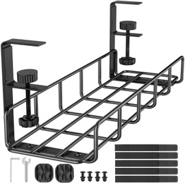 Under Desk Cable Management Tray, 31.5'' No Drill Steel Cable Tray Organizers, Wire Management Tray Cable Rack with Clamp Mount, Metal Under Desk Tray with Wire and Cord Organizer (Black, 1 Pack)