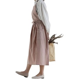 Cotton Linen Cross Back Pinafore Apron for Women – Japanese Style Bib Dress with Pockets, Pleated X-Back Apron for Kitchen, Gardening, Coffee Shop, Cleaning Workwear