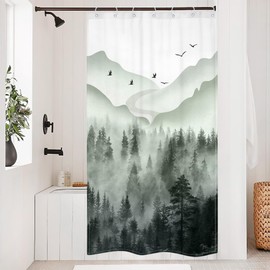 Riyidecor Green Small Stall Shower Curtain for Bathroom Decor 36Wx72H Half Narrow Rv Mens Nature Smoky Tree Misty Woodland Foggy Mountain Art Printed Fabric Polyester Waterproof 7 Pack Plastic Hooks