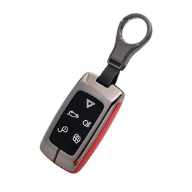 SANRILY Red Leather Metal Key Fob Cover Case for Land Rover Discovery Range Sport Evoque Jaguar XF 2021 with Keychains-Keyless
