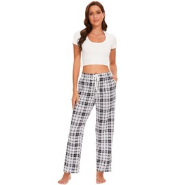 Knuffnee Women's Lounge Pants Plaid Pajama Pants Sleep Bottoms Pj Pant with Pockets Black ST/Pink ST S