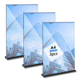 Hemiks Pack of 3 A4 Table Stands, Transparent Acrylic Stand, A4 Price Tags, Stand, Double-Sided, T-Stand, Acrylic Table Stand, A4 for Menu Card, Brochures, Advertising, Restaurant, Cafe, Office