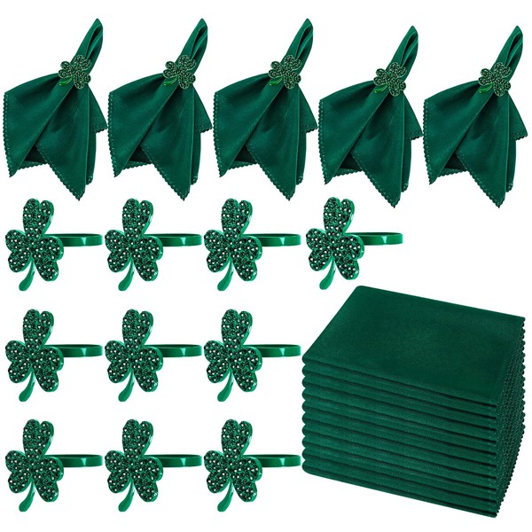 JarThenaAMCS 20Pcs St. Patrick's Day Napkin Rings Set Green Diamond Shamrock Napkins Rings Holders with Cloth Napkins for Holiday Table Setting Party Service Decor Supplies