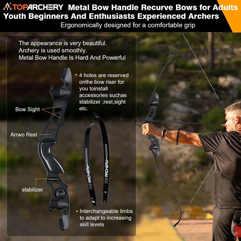 TOPARCHERY 62" Black Hunter Recurve Bow, ILF Interface Shock Absorption
