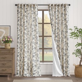 Lazzzy Farmhouse Linen Black Floral Curtains 96 Inch Length Back Tab Drapes for Living Room Bedroom Light Filtering Country Vintage Rod Pocket, 2 Panels, Black on Beige