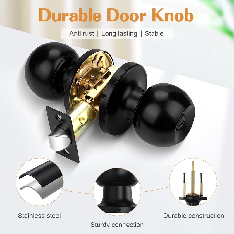 Probrico Flat Black Ball Privacy Door Knobs, Interior Bedroom Bathroom