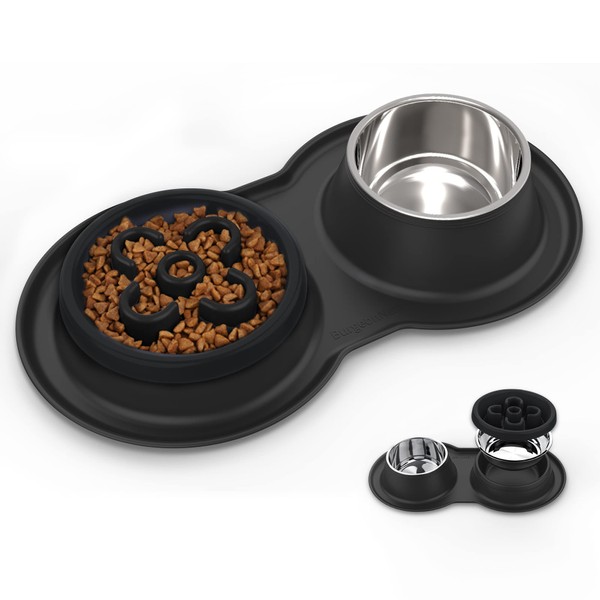 BurgeonNest Dog Bowl Slow Feeder,4 in 1 Dog Food and Water Bowl with Stand Slow Down Eating Dog Puzzle Bowl Set with Non-Skid Silicone Mat for Small Medium Dogs